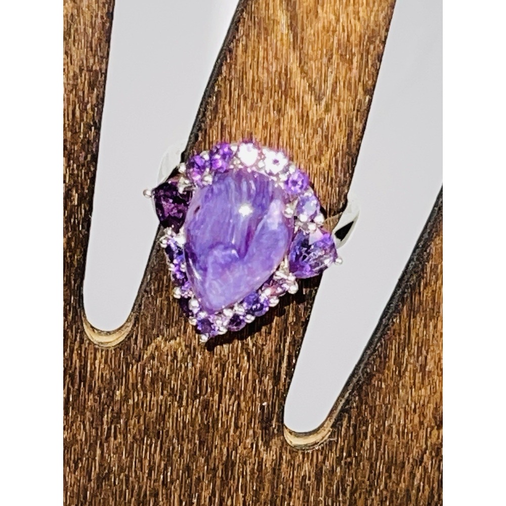 DK 925 Sterling Silver Charoite & Amethyst Statement Ring (Size 6)